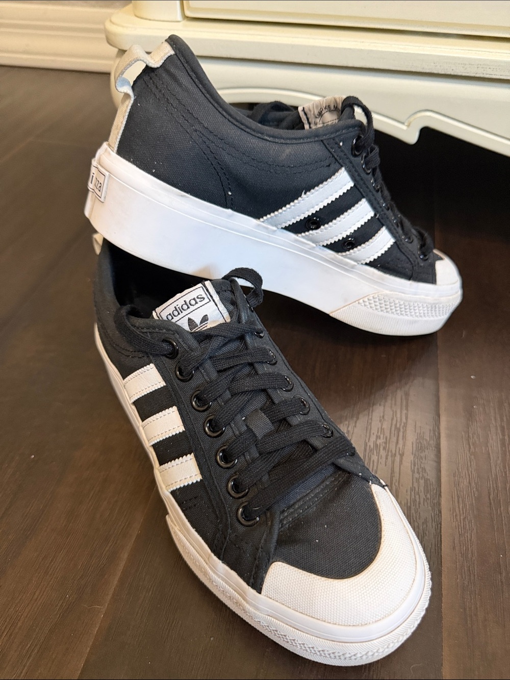 adidas Nizza Women’s Black and White Low-Top Platform Sneakers